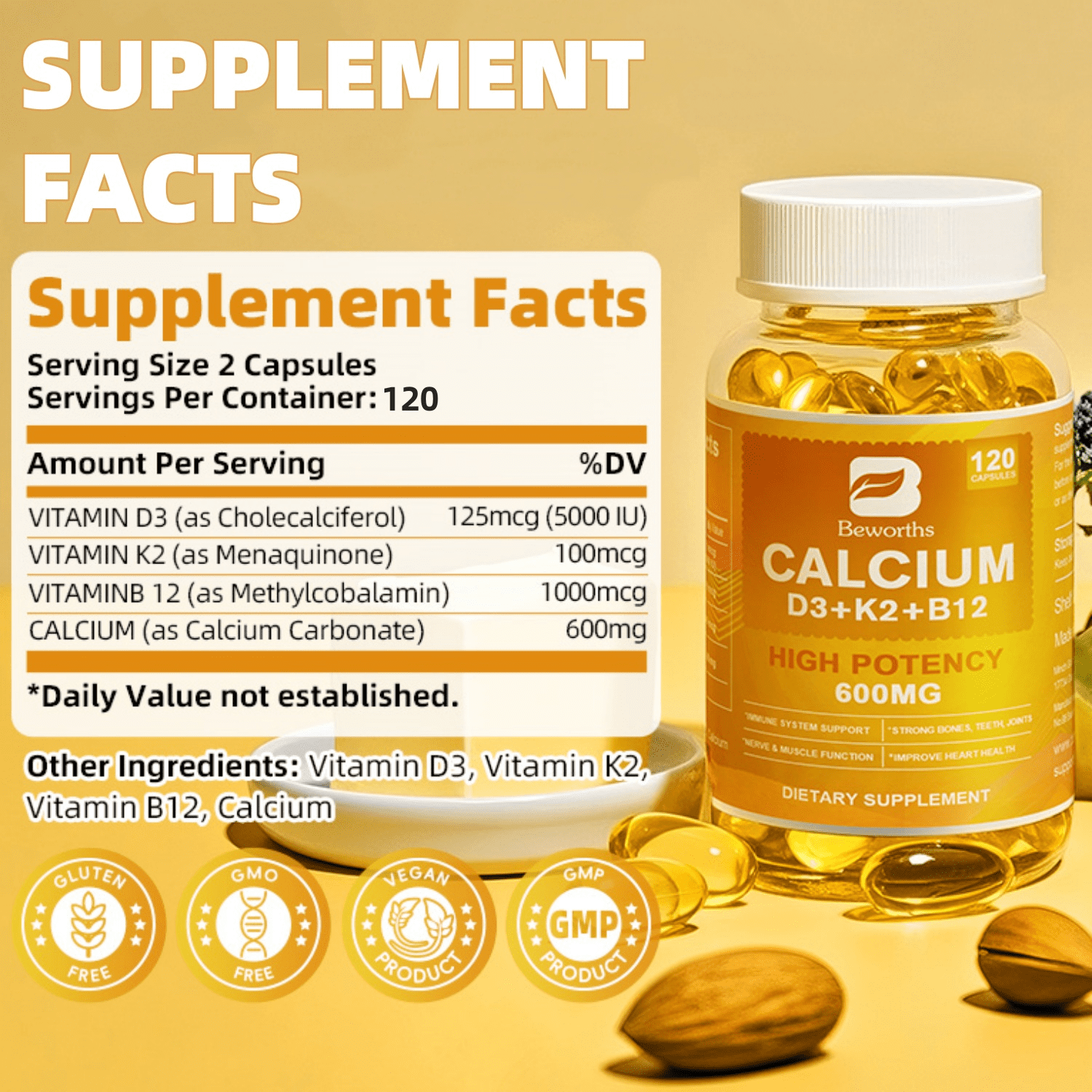 Beworths 4-in-1 Calcium Supplement - 600mg Calcium with Vitamin D3, K2 & B12 - Bone, Heart & Immune Support - 240 Capsules for Men and Women