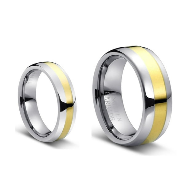 His & Her's 8MM/6MM Two Tone Gold Center and Domed Shape Tungsten Carbide Wedding Band Ring Set