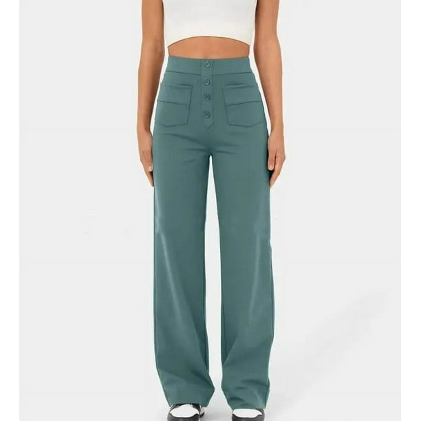 Pantalones rectos casuales de moda europea y americana para mujer, cintura alta, botones, banda elástica, múltiples bolsillos