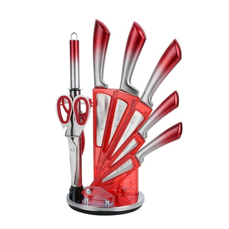 Kitchen Knife Set 9-Pieces Red Gradient Handle Knife Block Set with Rotatable Holder Ultra Sharp Professional Chef Knife Set Stainless Steel Knives Set for Kitchen Home Apartment