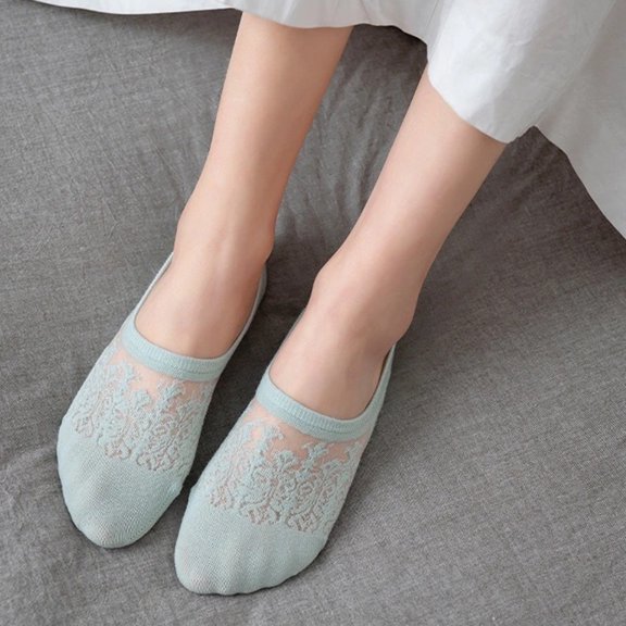 Ljudmp Women's Lace No-Show Boat Socks Breathable Sheer Mesh Invisible Socks with Soft Cotton Sole Cute Floral Low Cut Liners for Flats Sneakers Green