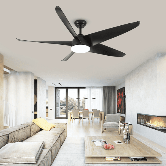 60 inch Black Outdoor Ceiling Fans for Patios Waterproof with Light and Remote, 5 ABS Blades Damp rated Large Airflow Fan, 6 Speed Noiseless DC Motor