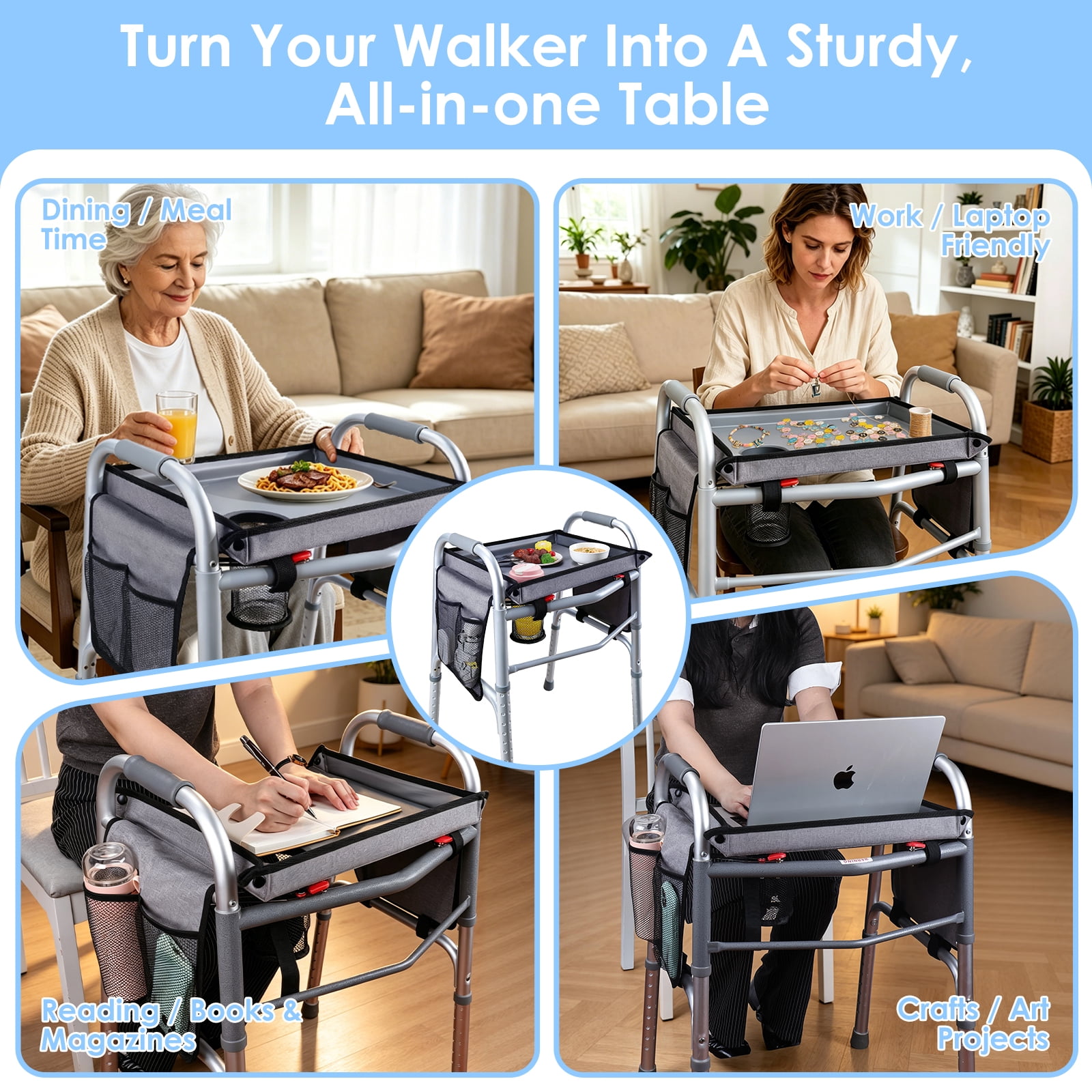 Walker Tray with Cup Holder & Side Pocket – Hard Top Walker Table for Seniors – Folding Walker Accessory for Meals, Reading, Drinks – Non-Slip Surface, Tool-Free Install, Universal Fit