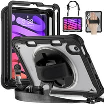 ELEHOLD Hybrid Rugged Case for iPad Mini 6th Generation, Dual-Layer Protective Heavy Duty Shockproof Case with 360° Rotatable Handstrap Foldable Kickstand Crossbody Shoulder Strap,Black