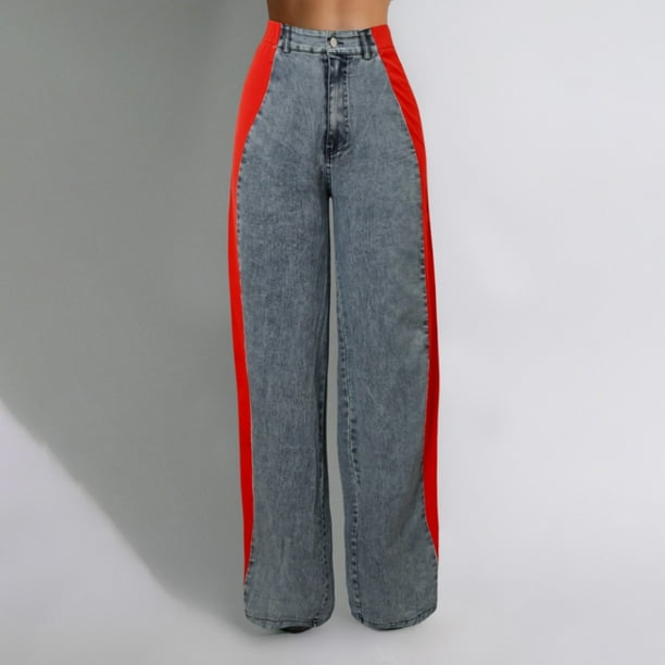 WILLBEST Pantalones Casuales para Mujer, Vaqueros elegantes con Rayas de Patchwork, Cintura Alta, Corte Holgado, Vaqueros con Bloques de Color, Pantalones Rectos de Pierna Ancha Extra Grande