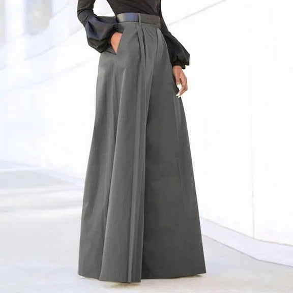 Oiangi Palazzo Pants for Women Dressy High Waisted Flowy Wide Leg Pant Casual Business Office Work Trousers with Pockets Gray S