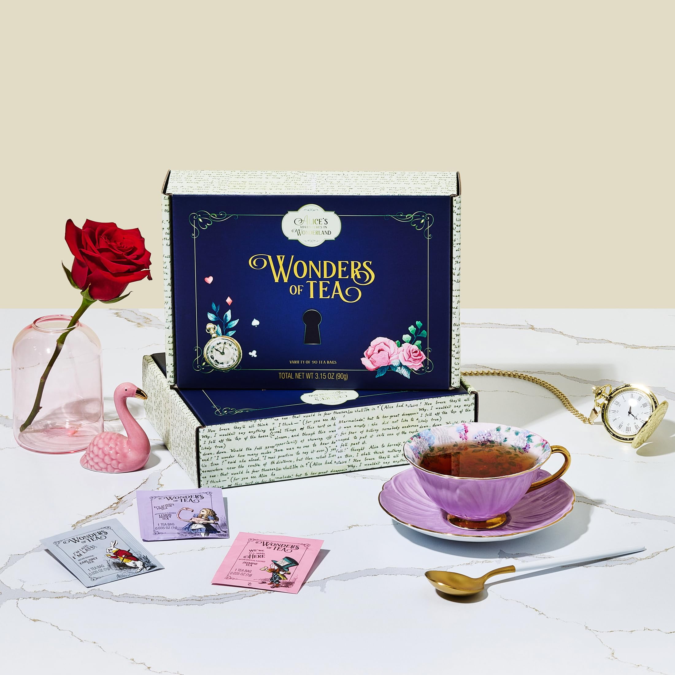 Thoughtfully Alice's Adventures, Wonder of Tea Assortment Gift Set, Includes Book Quotes and Illustrations and 90 Tea Bags in 6 Flavors
