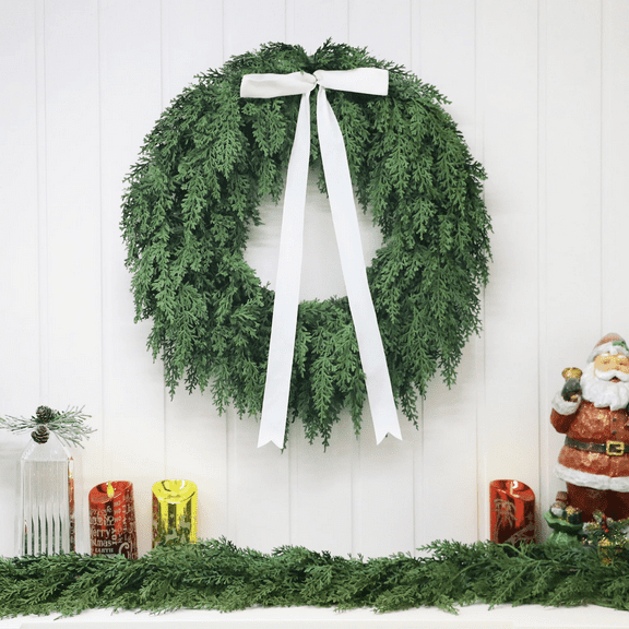 18" Unlit Evergreen Natural Feel Cedar Artifical Christmas Wreath,Artificial Norfolk Pine & Cedar Christmas Wreath with Velvet Bow – Real Touch Faux Greenery Holiday Front Door Decoration