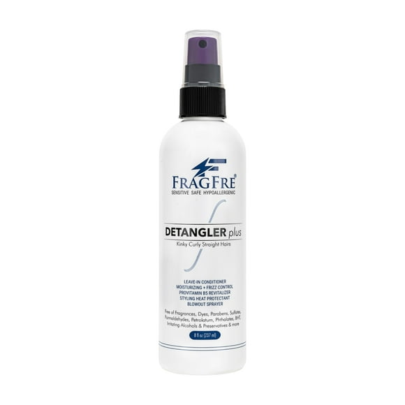 FRAGFRE Detangler plus Styling Hair Spray 8 oz - Protector de calor y spray soplador - Acondicionador para dejar en piel sensible - Sin fragancia, hipoalergénico sin perfume - Anti encrespamiento vega
