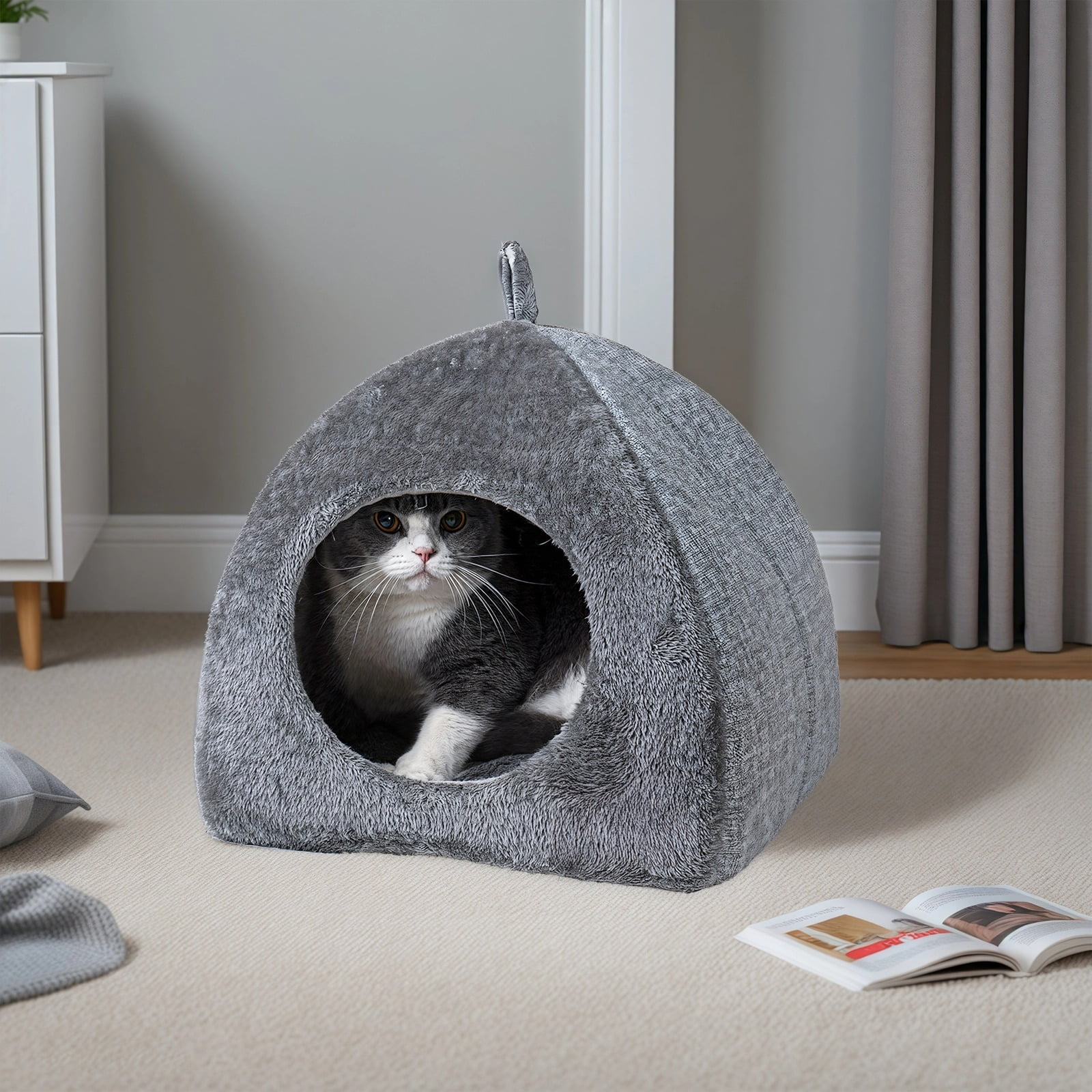 Cat Cave Bed with Sponge Material, Covered Cat Bed for Small Pets, Enclosed Triangular Design, Cozy Plush with Suede Handle, Ideal for Indoor and Outdoor Use