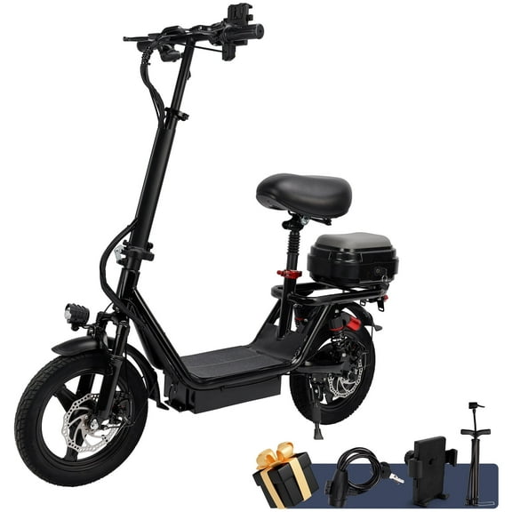 VIPQV Electric Scooter with Seat, 20MPH and 30 Miles, 14" Tire, 48V 12AH 500W Battery Shock Absorbing Scooter with Basket Box,E-Scooter for Adults Commuter & Travel