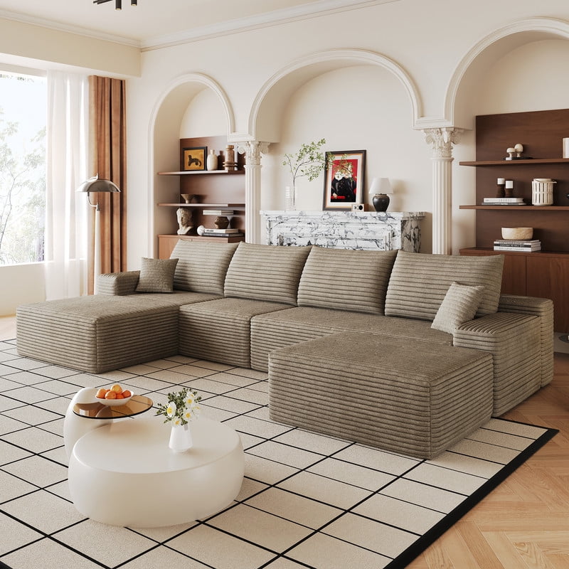 135" Cloud Sectional Sofa with Ottoman, U-Shaped Modular Sofa Couch with Chaise, Modern Minimalist Deep Seat Upholstered Sectional for Living Room, Plush Corduroy Fabric Corner Sofa