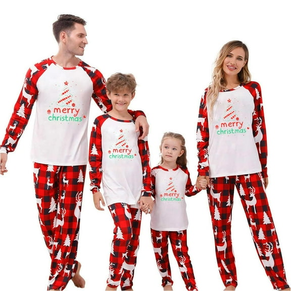 Yievot Family Christmas Pajamas Matching Sets PJ's Sleepwear Christmas Trees Graphic Printed Long Sleeve Shirts and Plaid Pants Festival Party Sleepwear