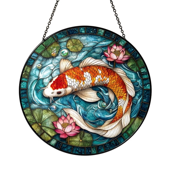Stained Glass Koi Fish Lotus Panel Feng Shui Home Decor and Good Fortune Gift