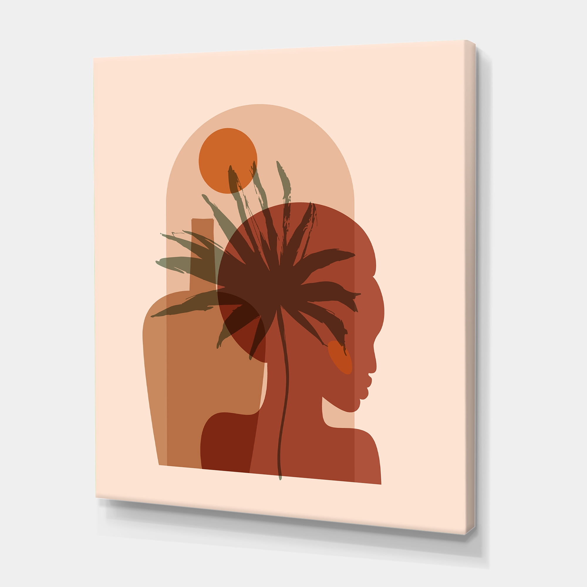 Abstract Pretty Girl Portrait and Tropical Palm Leaf 12 in x 8 in Painting Canvas Art Print, by Designart