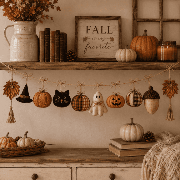 59" Fall Fabric Garland, Rustic Halloween Pumpkin, Ghost & Black Cat Banner, Farmhouse Autumn Mantel Decor for Shelf and Entryway