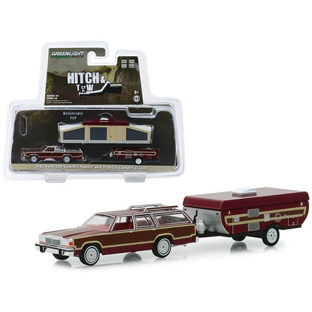1981 Ford LTD Country Squire & Pop-Up Camper Trailer Dark Red w/Wood Paneling 1/64 Diecast Models by