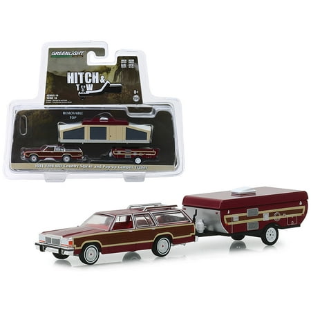 1961 Ford Country Squire - 1981 Ford LTD Country Squire & Pop-Up Camper Trailer Dark Red w/Wood Paneling 1/64 Diecast Models by Greenlight