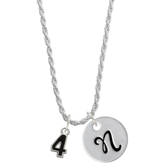 Delight Jewelry Silvertone Black Number - 4 Silvertone Script Initial Disc - N - Charm Necklace, 20"+3"