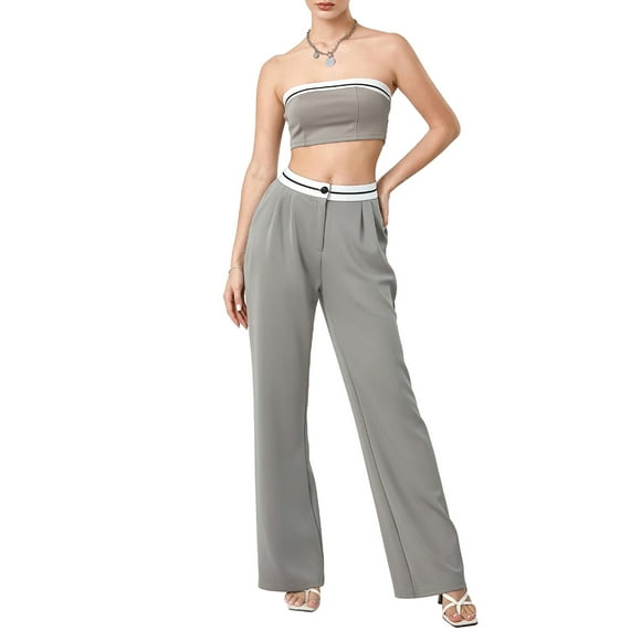 EYIIYE Women Summer Tracksuits Outfits Ladies Sleeveless Bustier Contrast Color Boat Neck Strapless Tube Tops High Waist Long Pants 2 Pieces Casual Fashion Clothes Set Streetwear