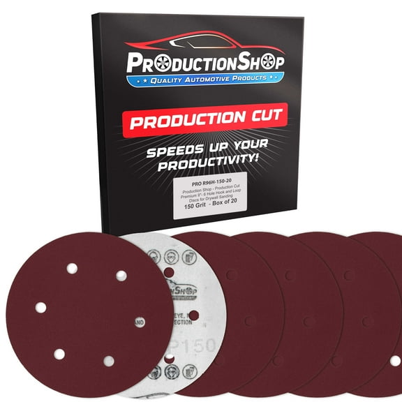 ProductionShop Premium 9" Red 6-Hole Pattern 150 Grit Sanding Discs, Box of 20 - Dustless Hook & Loop Backing Sandpaper for Drywall Power Sanders, Medium-Cut Abrasive - Woodworking, Sand Auto Paint