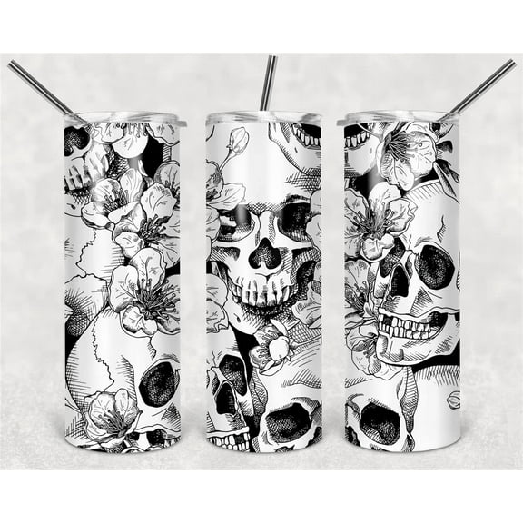 20oz Skinny Tumbler With Lid and Straw，Gifts for Woman，Mom Birthday Gifts，Travel Mug For Friends, Stainless Steel, Double Wall, Vacuum Sealed Travel Mug (Skulls And Flower)