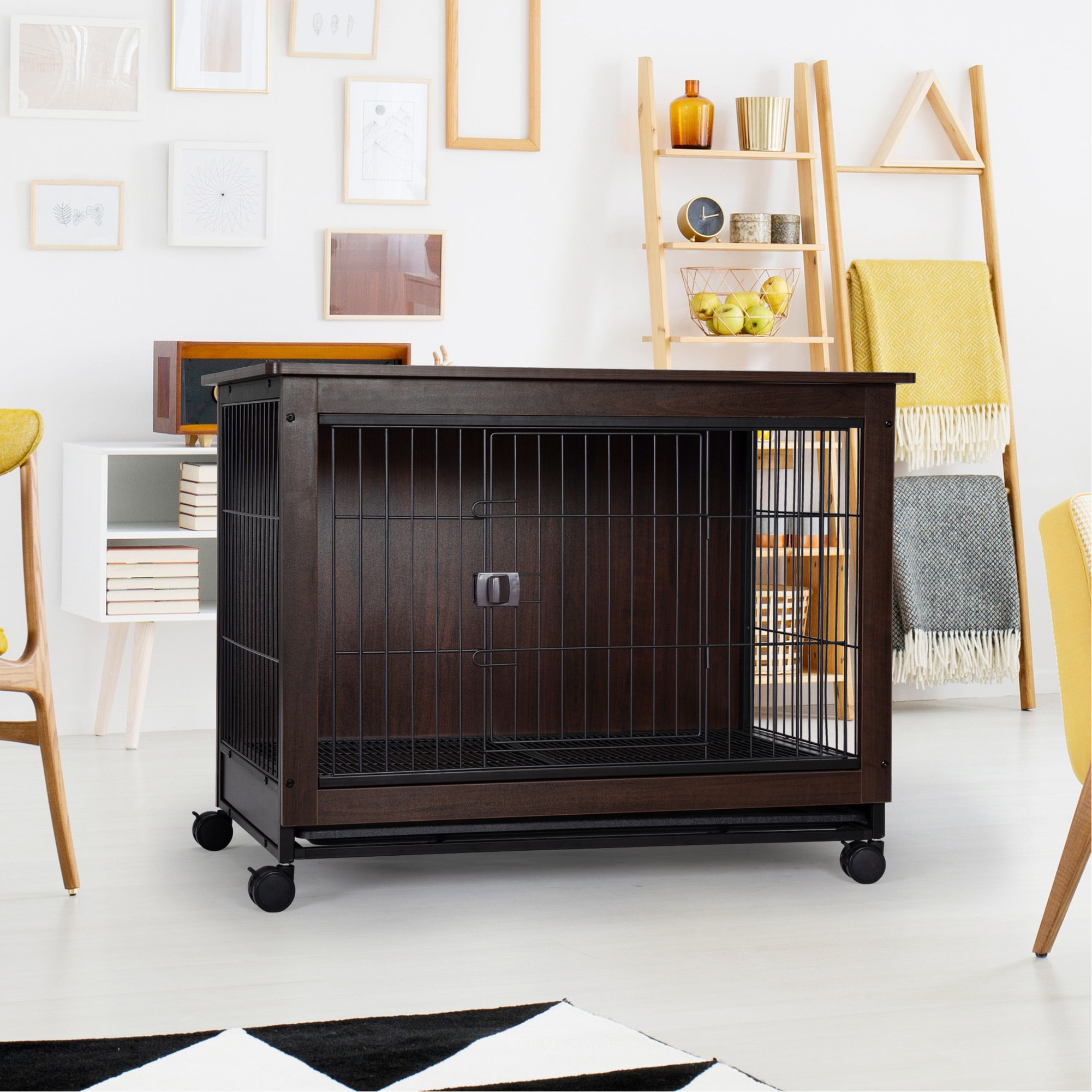 Senbabe Wooden Dog Crate with Wheels, 25" Pet TV Stand Bed Kennel with Double Gates