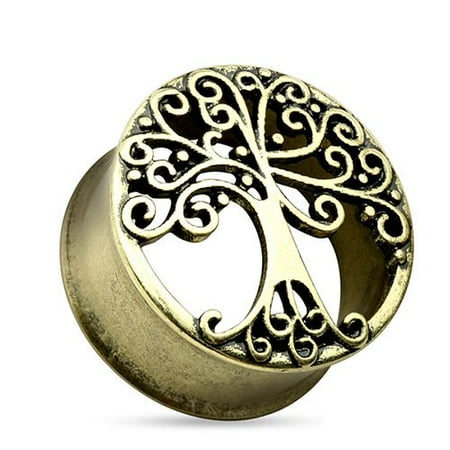 Goldstone Plugs - Tree of Life Gold Tone Surgical Steel Double Flare Tunnel Plug - 0G-1