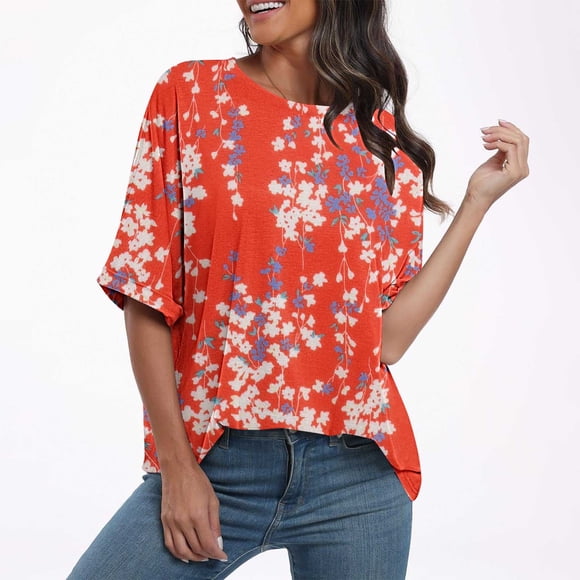 FcBaudy Womens Tops, Shirts for Women, Short Sleeve Round-Neck Blouses & Shirts Women's Ladies Fashion Casual Cropped Short Sleeve Printing Loose Shirt Blouse Top Women Blouse