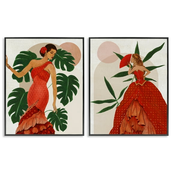 Stupell Industries Tropical Fashionistas in Red People Painting Black Framed Art Print Wall Art, 11 x 14, Set of 2