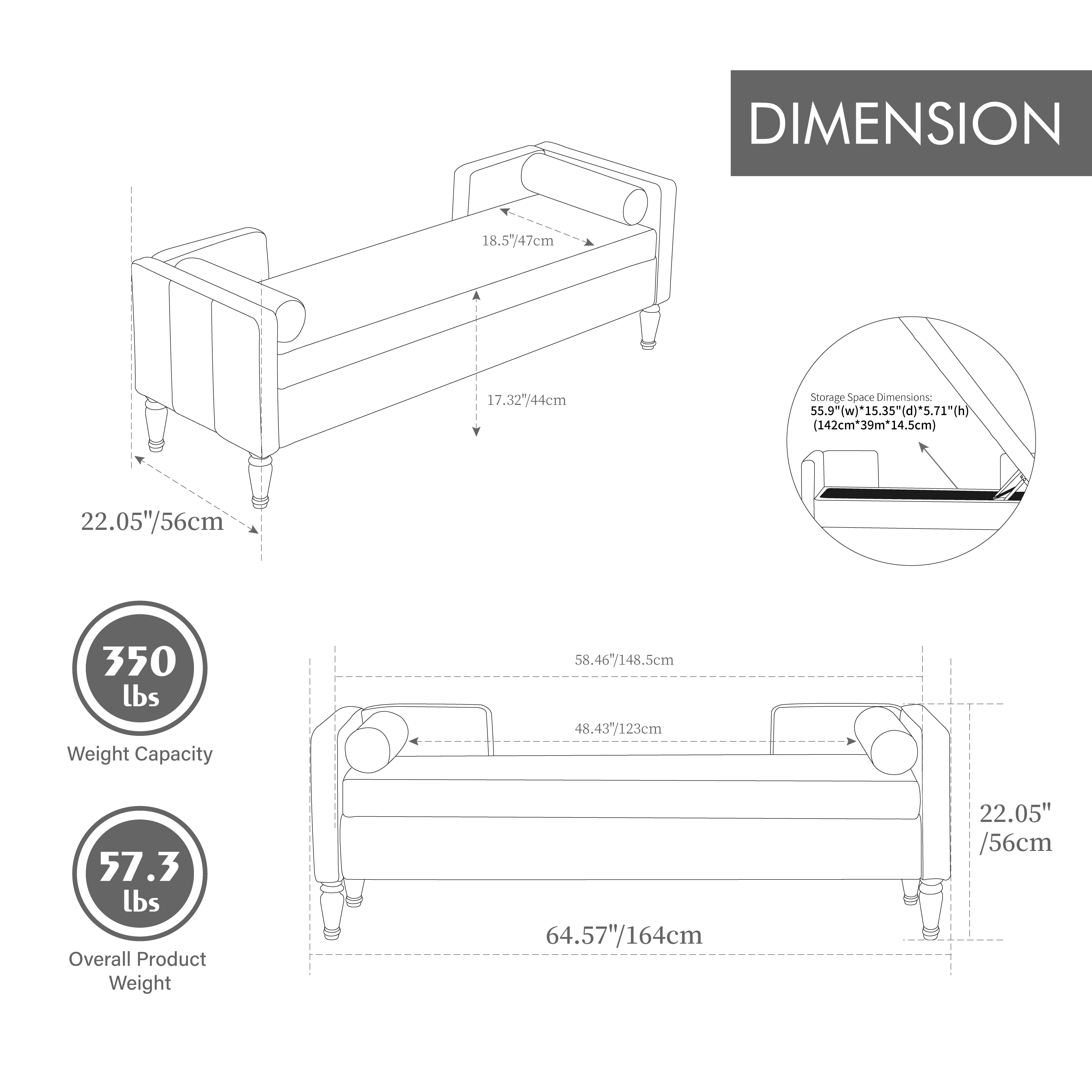 64.6"W Upholstered Chenille Flip-top Storage End of Bed Bench, Tufted Accent Footrest with Armrests&Backrest&2 Bolsters Whitewashed Rubberwood Legs for Living Room, Hallway, Entryway Bedroom