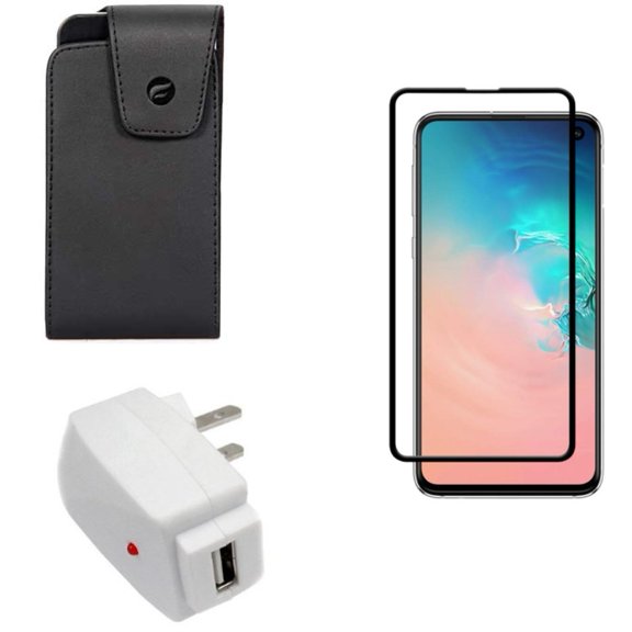 Galaxy S10e Screen Protector w Case Belt Clip w Home Charger - Tempered Glass 5D Curved Edge, Leather Swivel Holster, USB Power Adapter for Samsung Galaxy S10e Phone