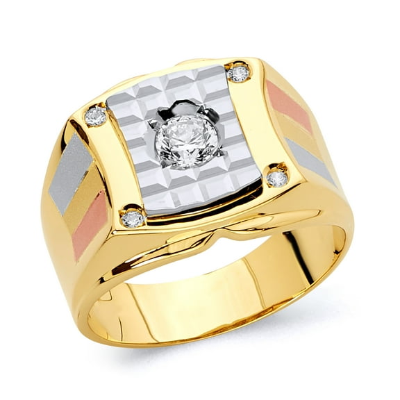 Wellingsale Mens Solid 14k 3 Tri Color White Yellow and Rose / Pink Gold Polished CZ Cubic Zirconia Right Hand Ring Band - Size 8