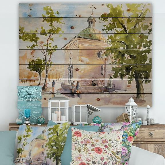 Designart 'People At Rustic Church In The Village' Country Print on Natural Pine Wood