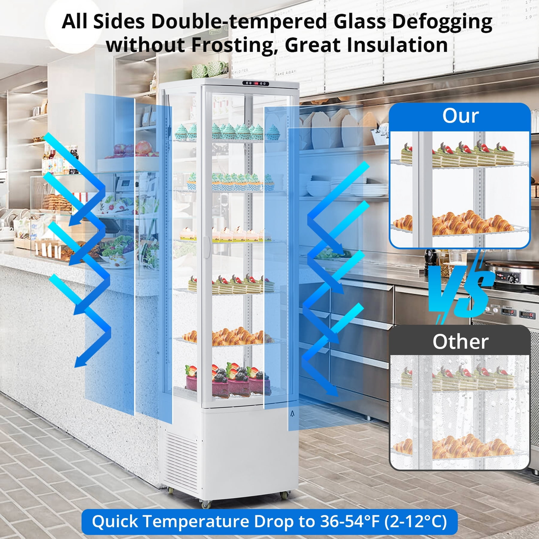 6-Tier Upright Commercial Refrigerator Display Case with Universal wheel,10.52 Cu.FT Single-Door Countertop Pastry Display Case with Interior LED Lighting,Double-Layered Glass