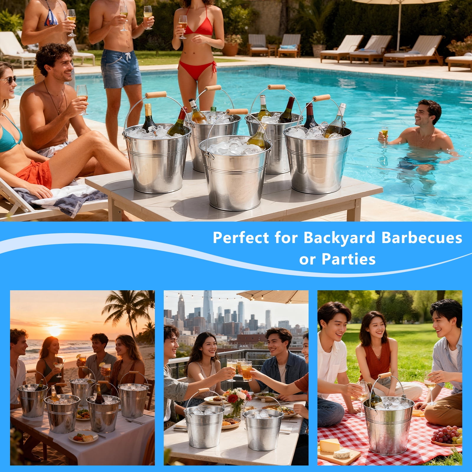 16 Pcs Large Metal Bucket Beer Bucket Galvanized Steel Pail with Handle for Plants, Succulents, Party Favors Organizing Home Parties Bar Cooling Supplies (9.84 x 8.66 x 7.87 Inch,Silver)
