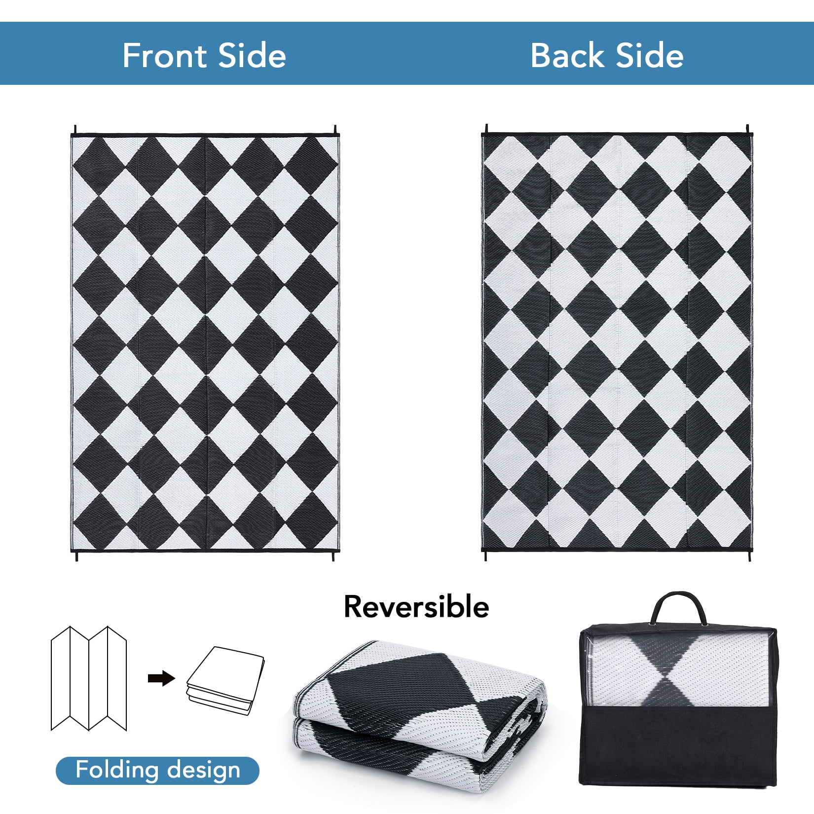 GlowSol 10x14 Outdoor Rug Waterproof Carpet Patio Rug Indoor Outdoor Area Rug Reversible Rug for Picnic Beach Deck-Outdoor, Black/White