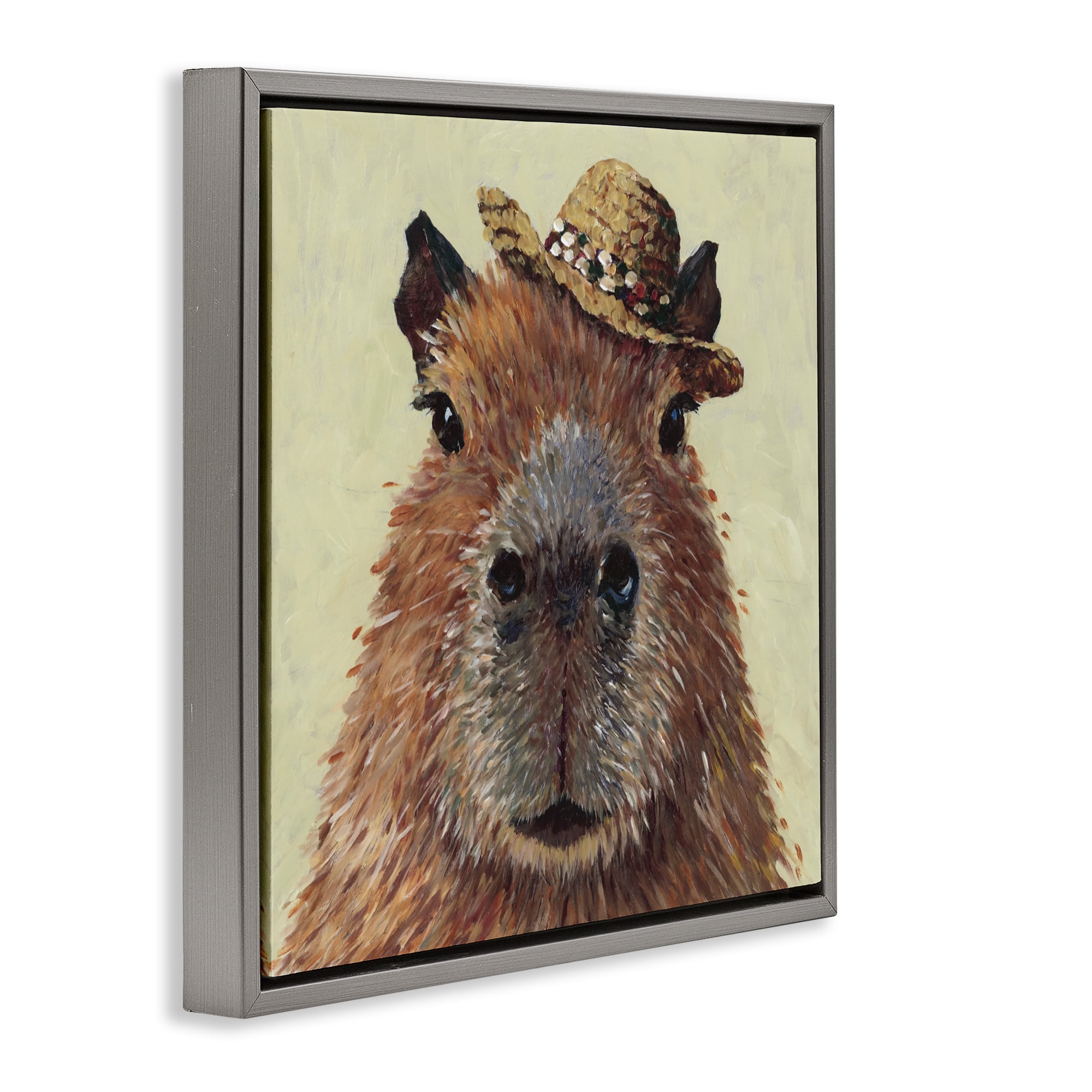 Stupell Industries Capybara with Straw Hat Gray Framed Floater Canvas Wall Art, design by Studio Bautista