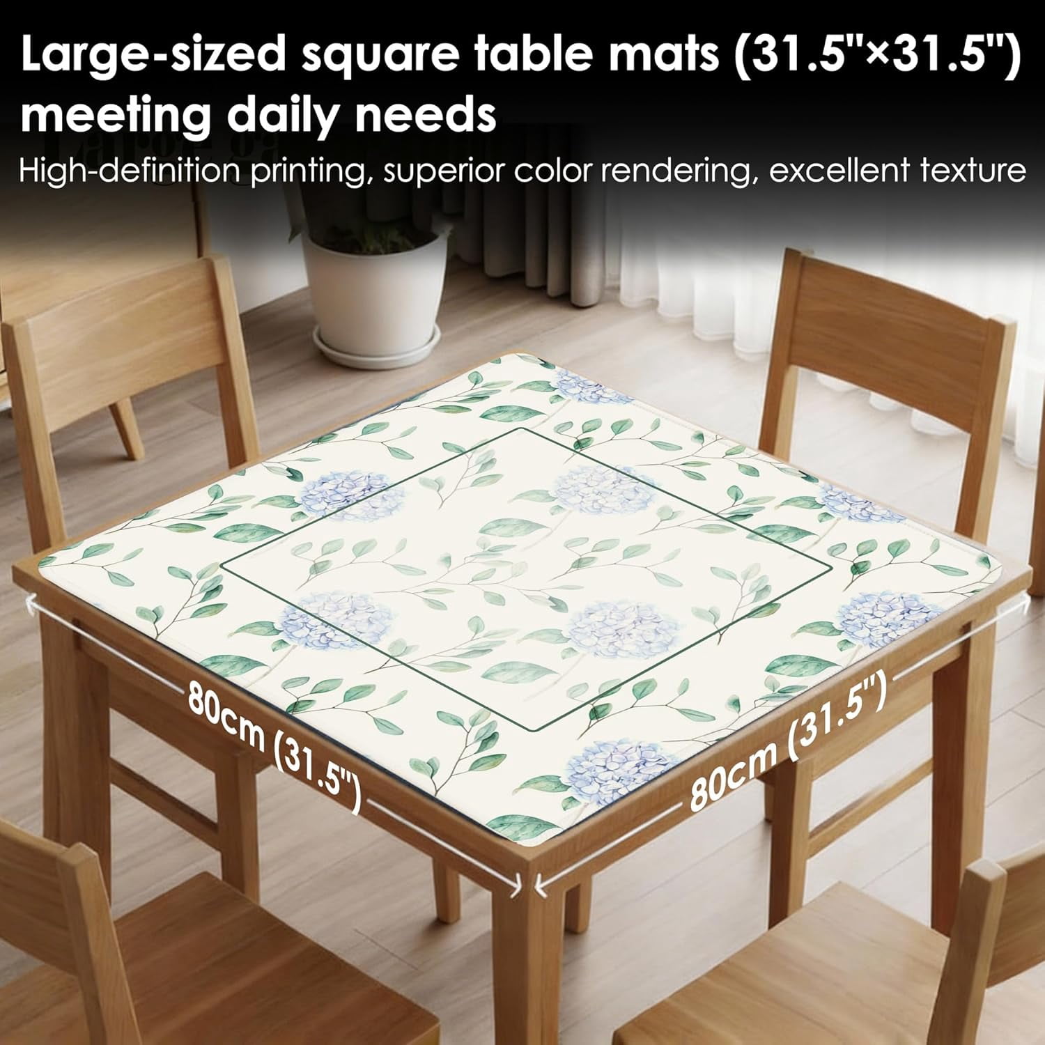 Blue Hydrangea Mahjong Mat for Table 31.5X 31.5,Blue and Green Grandmillennial Floral Non-Slip Noise Reduction Mahjong Table Cover Accessories, Hydrangea Decor, Hydrangea Mahjong Gifts for Women