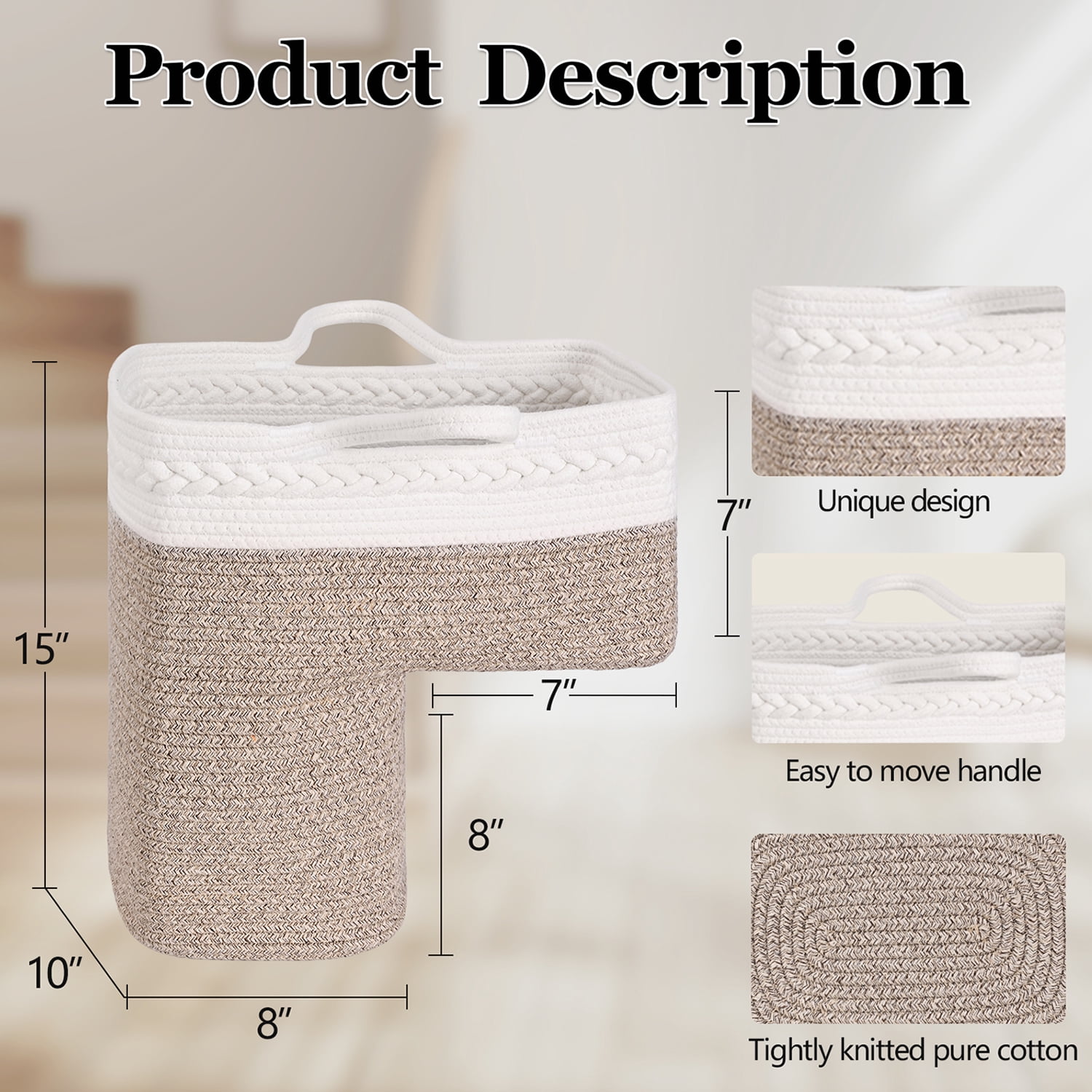 Natubeau Woven Storage Baskets, Brown Large Storage Basket with Handles for Wooden Stairs, Staircase Baskets for Organizing, 15"L x 10"W x 15"H