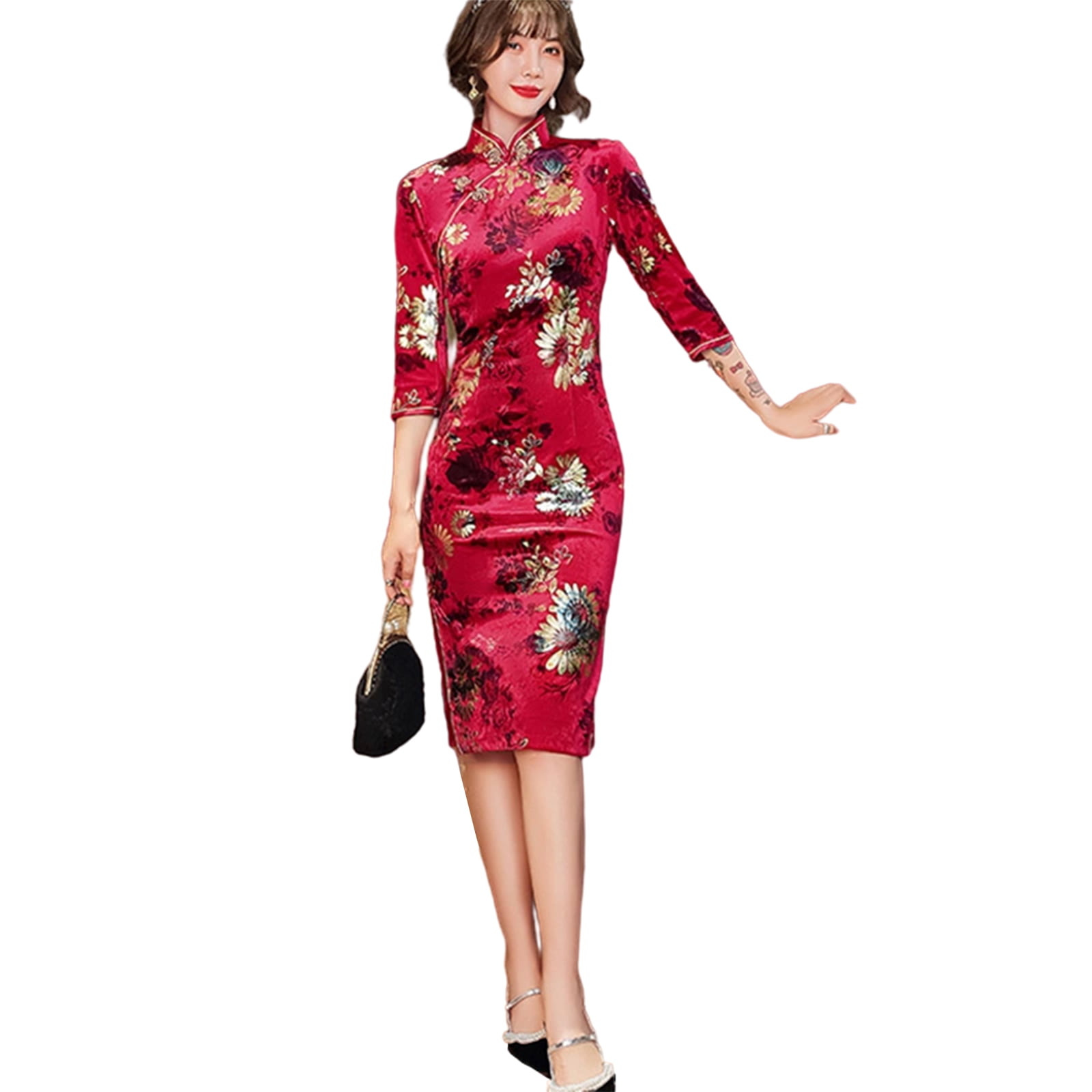 Traditional Chinese Long Dress  Women Velvet Cheongsam Prom Qipao Size M-4XL 