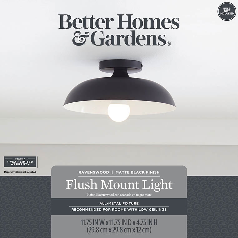 Better Homes & Gardens Contemporary Matte Black 1-Light Indoor Flush Mount, White Inner Shade