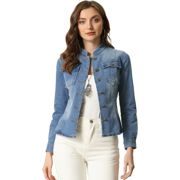Chaqueta de Mezclilla Casual para Mujer Chaqueta Vaquera Clásico de Manga Larga Azul XS