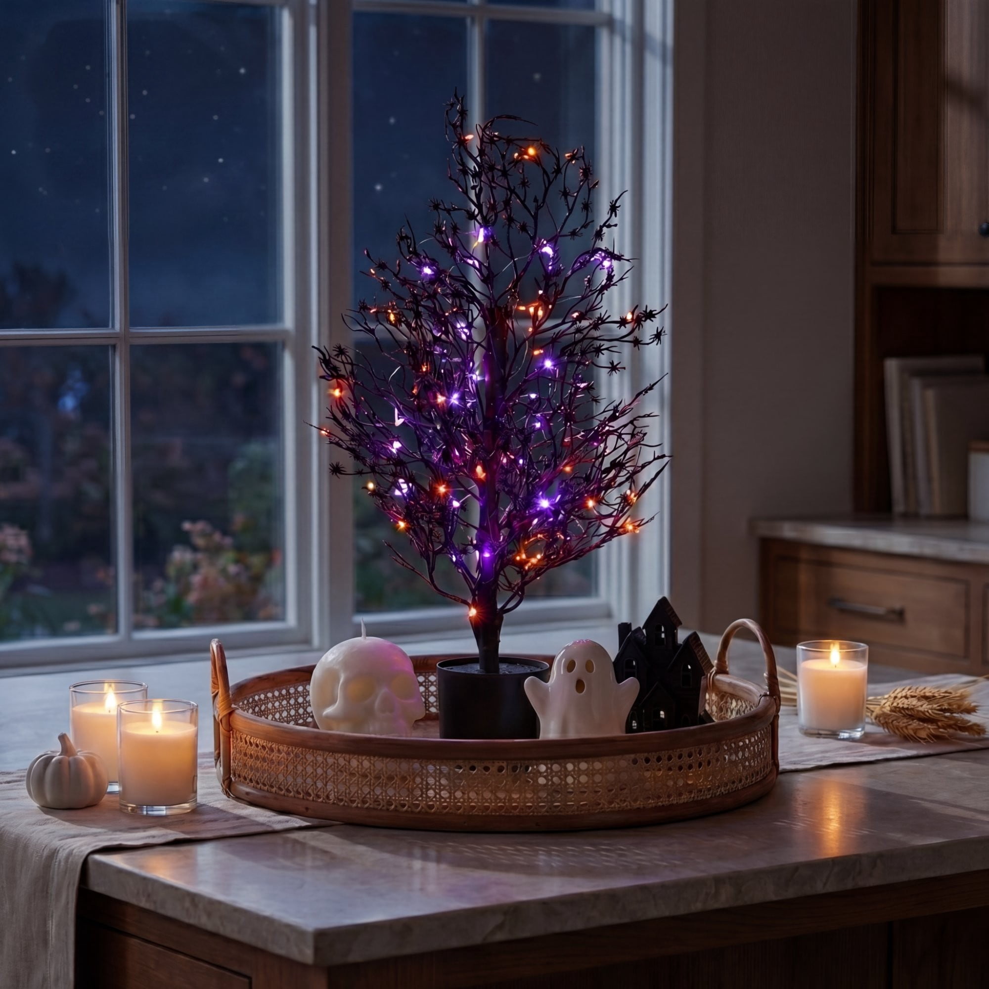 2ft. Pre-Lit Artificial Halloween Spider Twig Tree with 50 Orange & Purple LED Lights