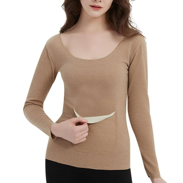 HongQid Chemise Thermique à Manches Longues pour Femmes avec Poche, sous-Vêtement Col Rond Ultra Doux Couche de Base pour Temps Froid