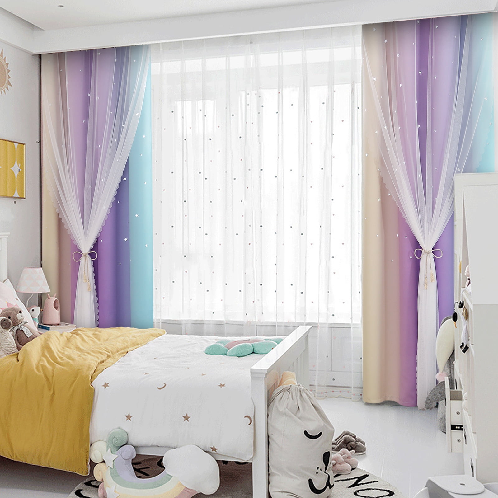 Anjee Blackout Curtains for Kids Girls Bedroom 2 Panel Curtains,Star Curtain Dual Layer Curtains with Sheer, 52" x 63",Blue Purple Yellow