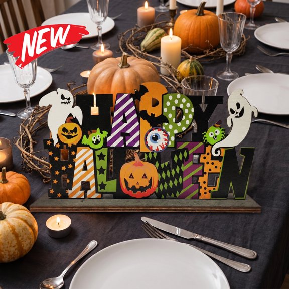 Halloween Decorations Savings, Halloween Wooden Ornament, Halloween Festive Decor Seasonal Table Decor for Indoor Tabletop Display, Spooky Prop for Family Celebrations