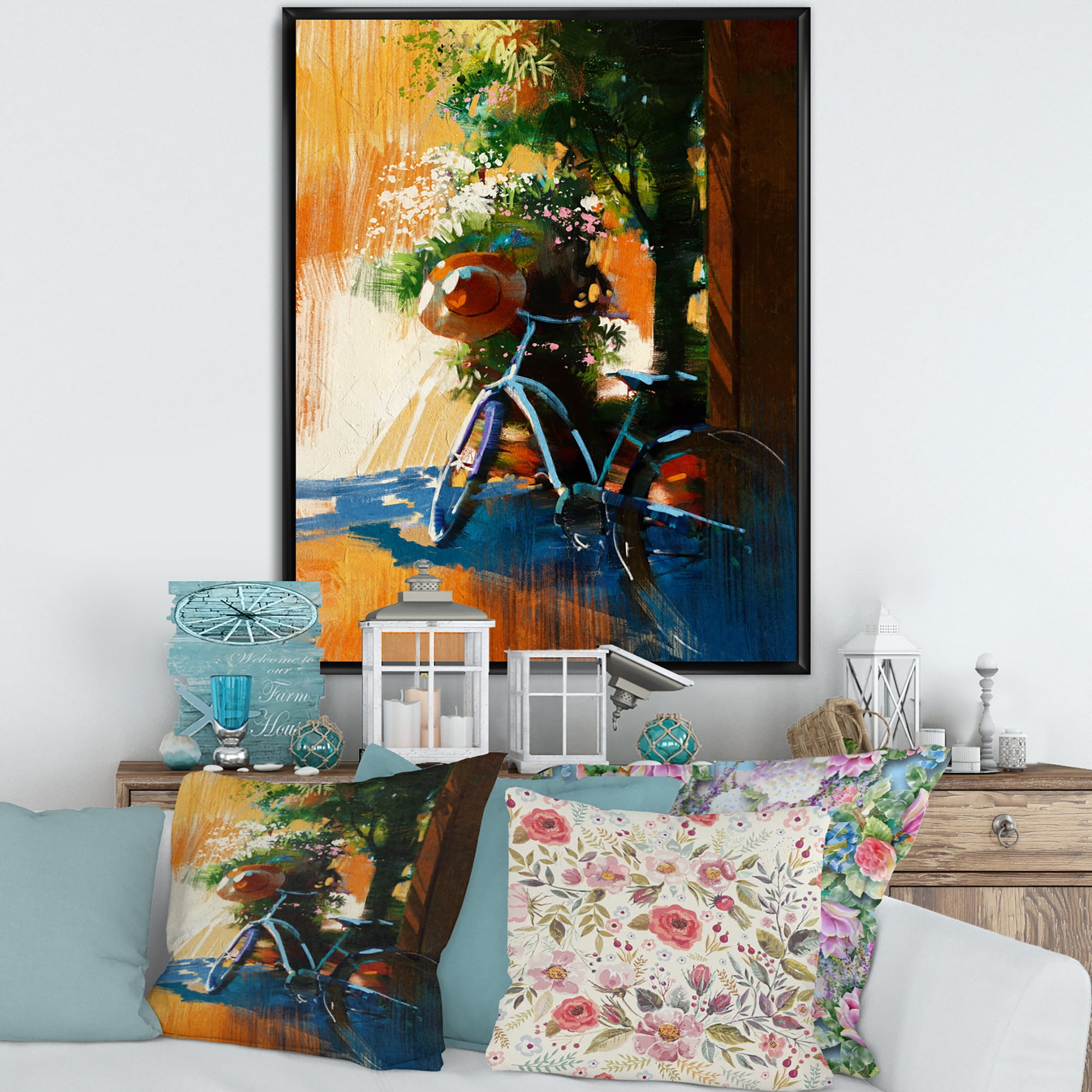 Ancient Bicycle and Old Hat On Summer Day 30 in x 40 in Framed Painting Canvas Art Print, by Designart