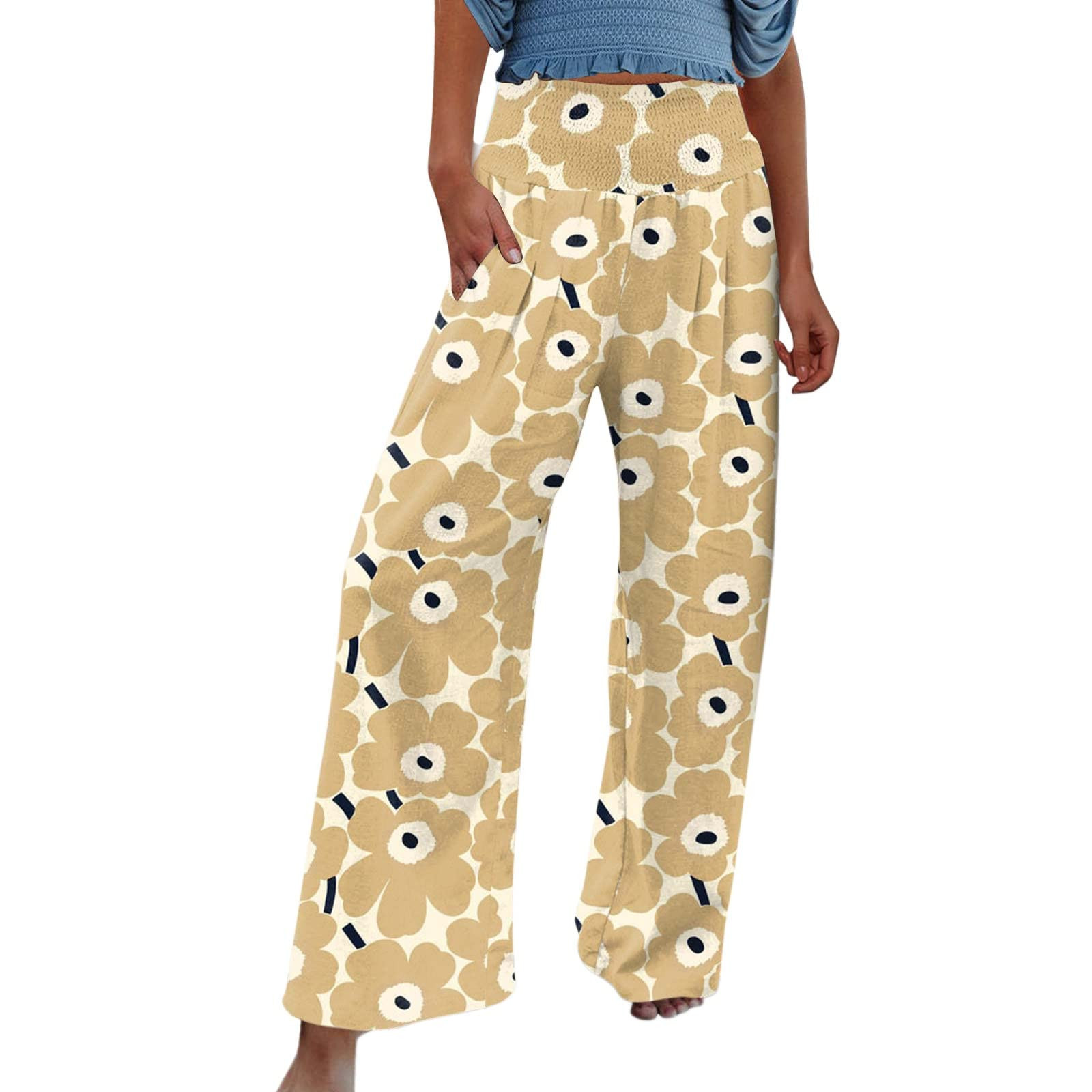Sksloeg Women Pants Long Vintage Flower Printed High Waisted Cotton Linen Pants for Women Lounge