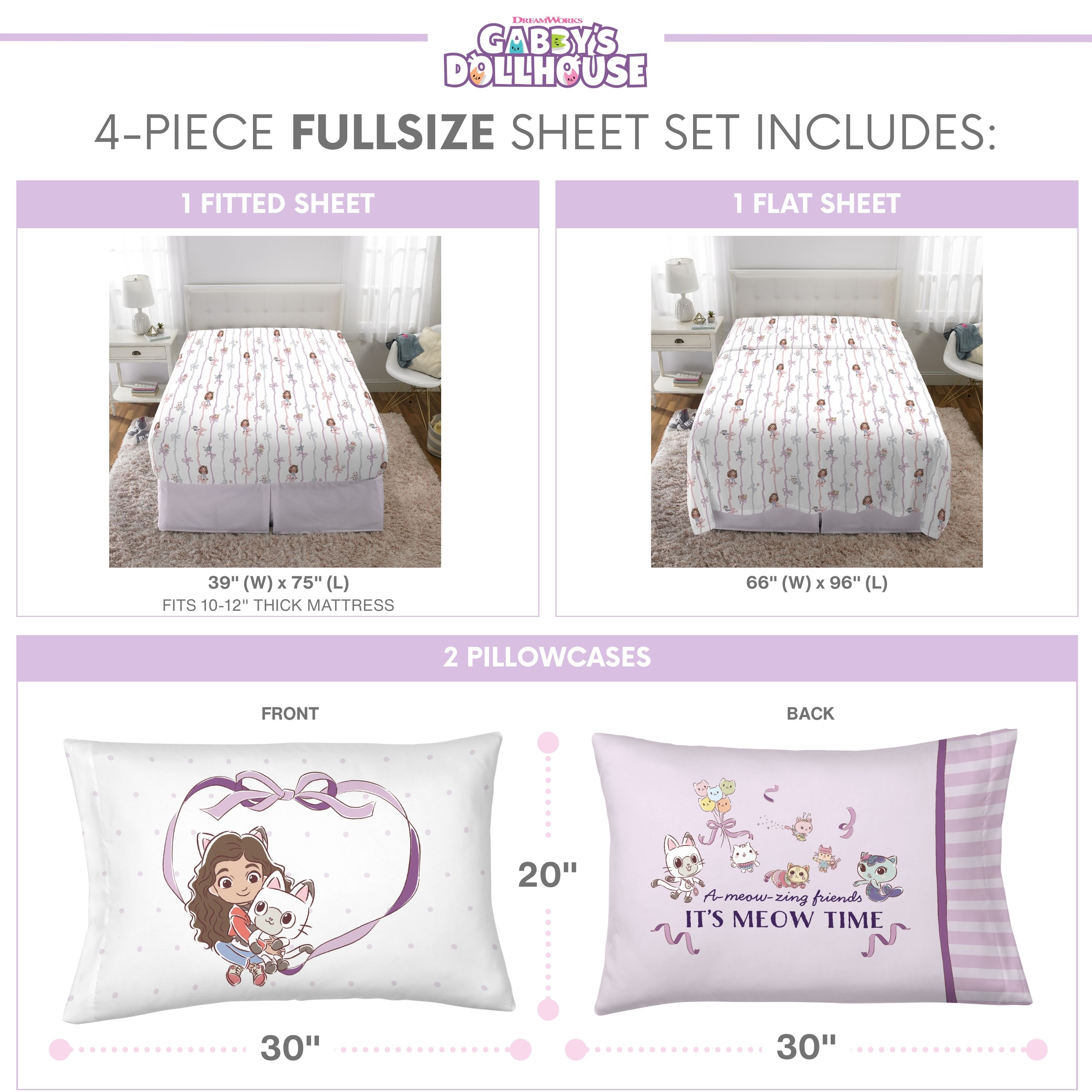 Gabby's Dollhouse Kids 4 Piece Sheet Set, Full